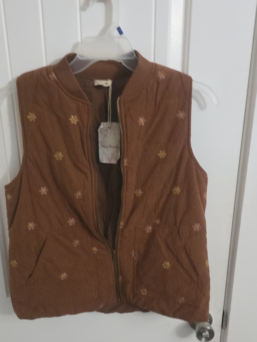 Women's Corduroy Puffer Vest in Brown with Floral Embroidery